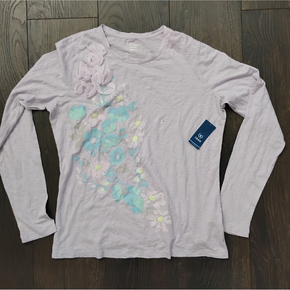 New Women’s IZOD Light Purple Size Large Cotton Long Sleeve T-shirt Flowers